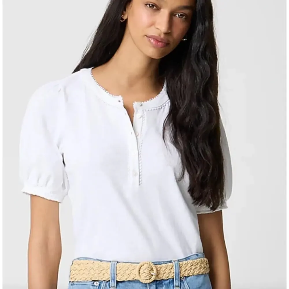 J.Crew Smocked Henley Knit Top Short Puff Sleeve Cotton Cottage White Small NWT